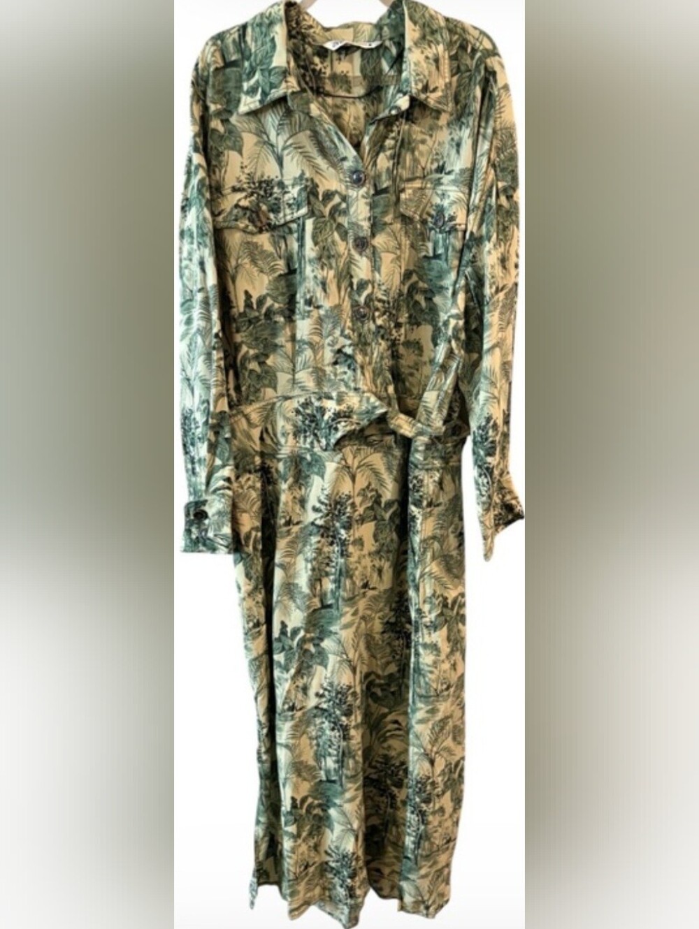 Zara Green and Cream Tropical Print Long Shirt Dress